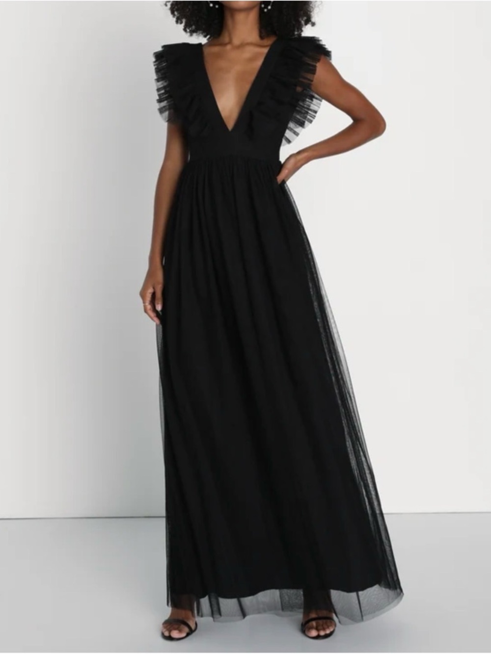 Lulu's Black Tulle Maxi Dress with Ruffle Shoulders